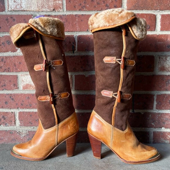 Vintage Shoes - Vintage Brown Suede Cream Sherpa Lined Calf Height Heeled Boots Size 6.5 D